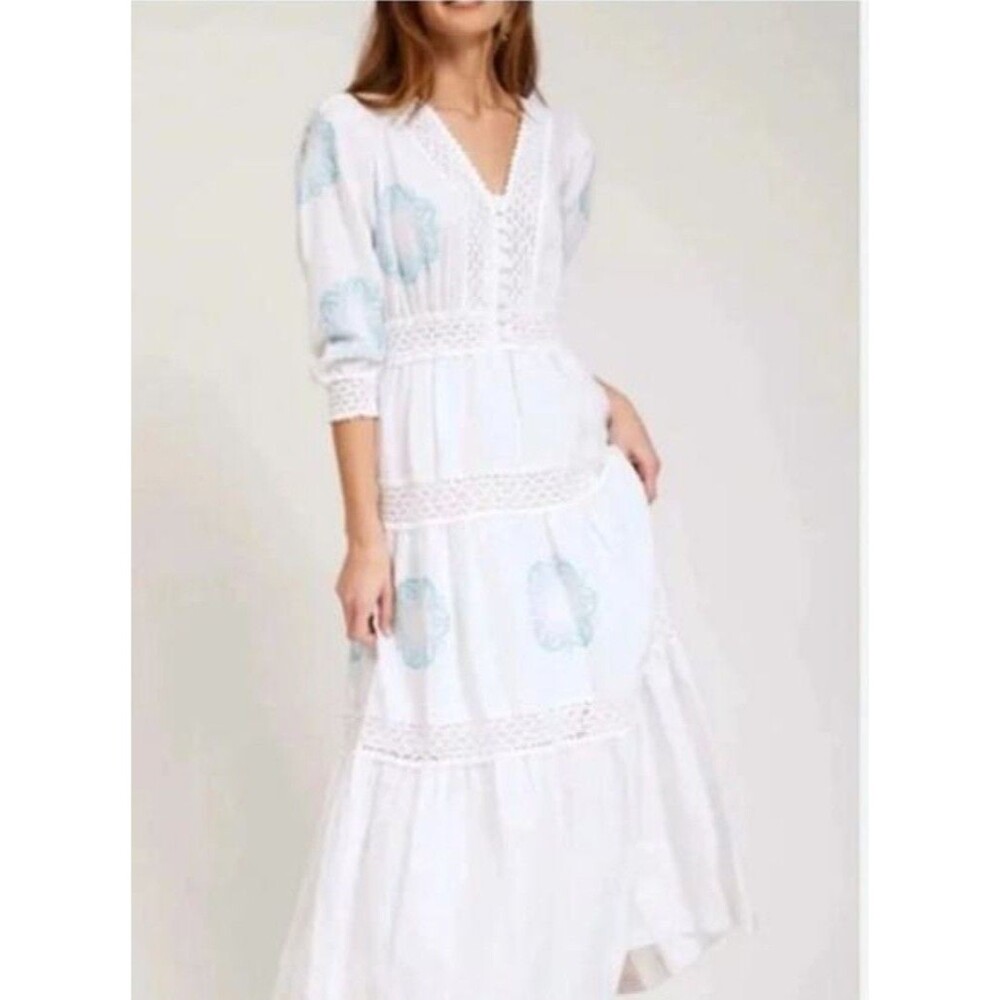 Tyler Boe 100% Linen Milkmaid Maxi Dress Sz Small Eyelet Embroidered Cottagecore